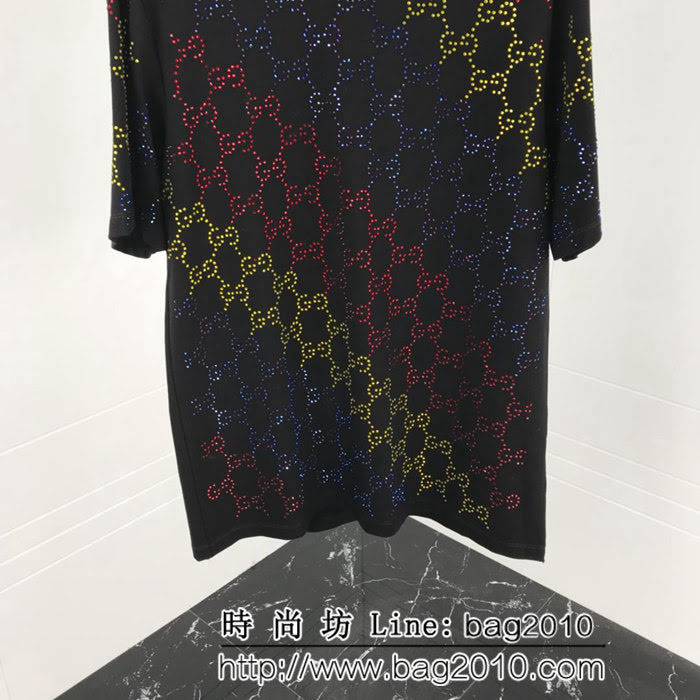 GUCCI古馳 19ss春夏新秀款 全身雙G燙鑽工藝 短袖T-shirt 三色鑽漸變效果 男女同款 ydi2400